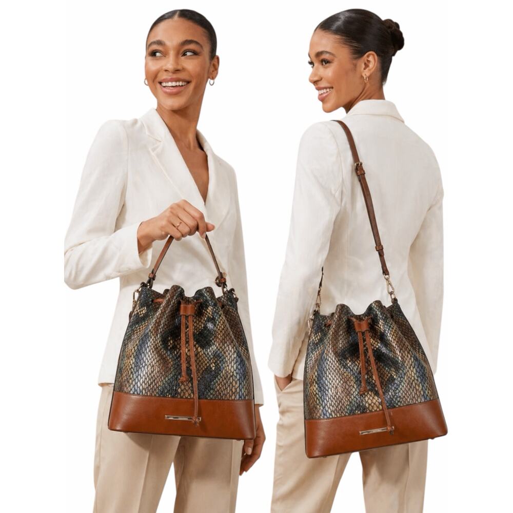 Brahmin Marlowe Embossed Leather Bucket Bag Bottle Blue Fletcher - Picture 2 of 13